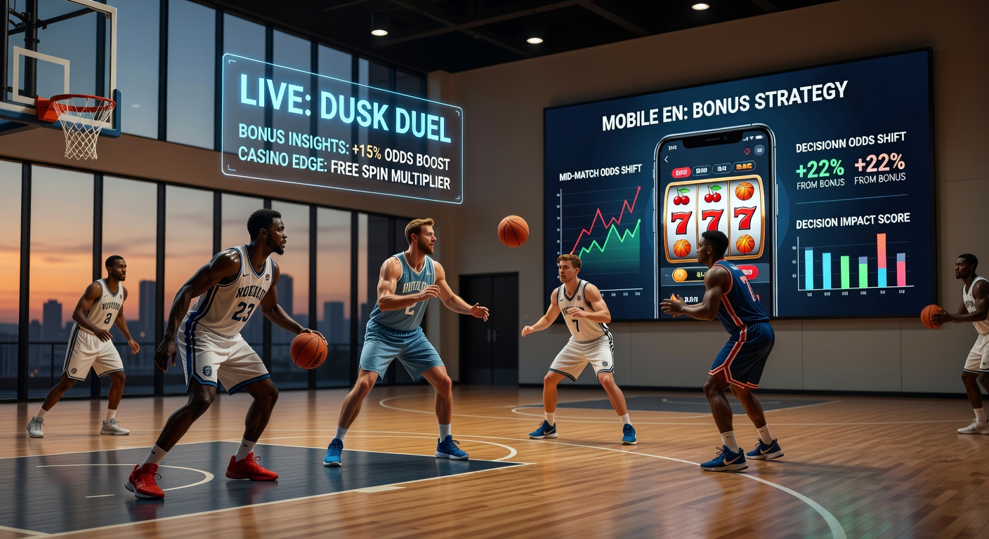 Darstellung einer Basketball-Live-Wette auf einem mobilen Gerät mit integrierten Casino-Bonus-Elementen und Statistik-Overlays