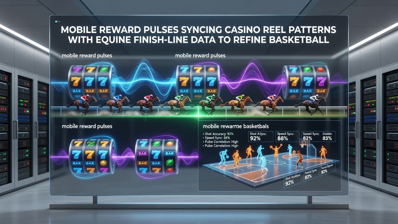 Diagramm illustriert den Datenfluss von Casino-Walzen über Pferderenn-Abschlüsse zu Basketball-Quartalsakkumulatoren auf mobilen Geräten