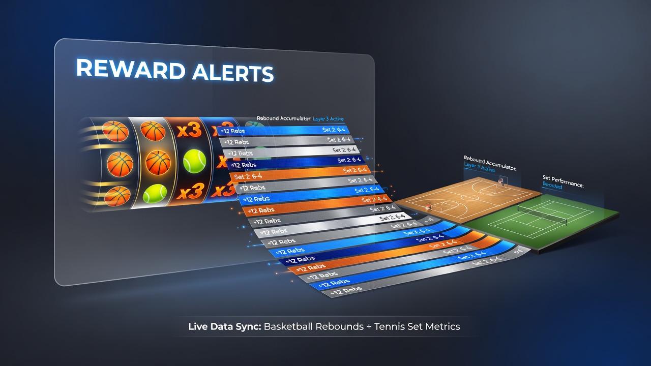 Benutzeroberfläche einer mobilen App mit Reward-Alarmen und Akkumulator-Wetten für Basketball, Tennis sowie Pferderennen