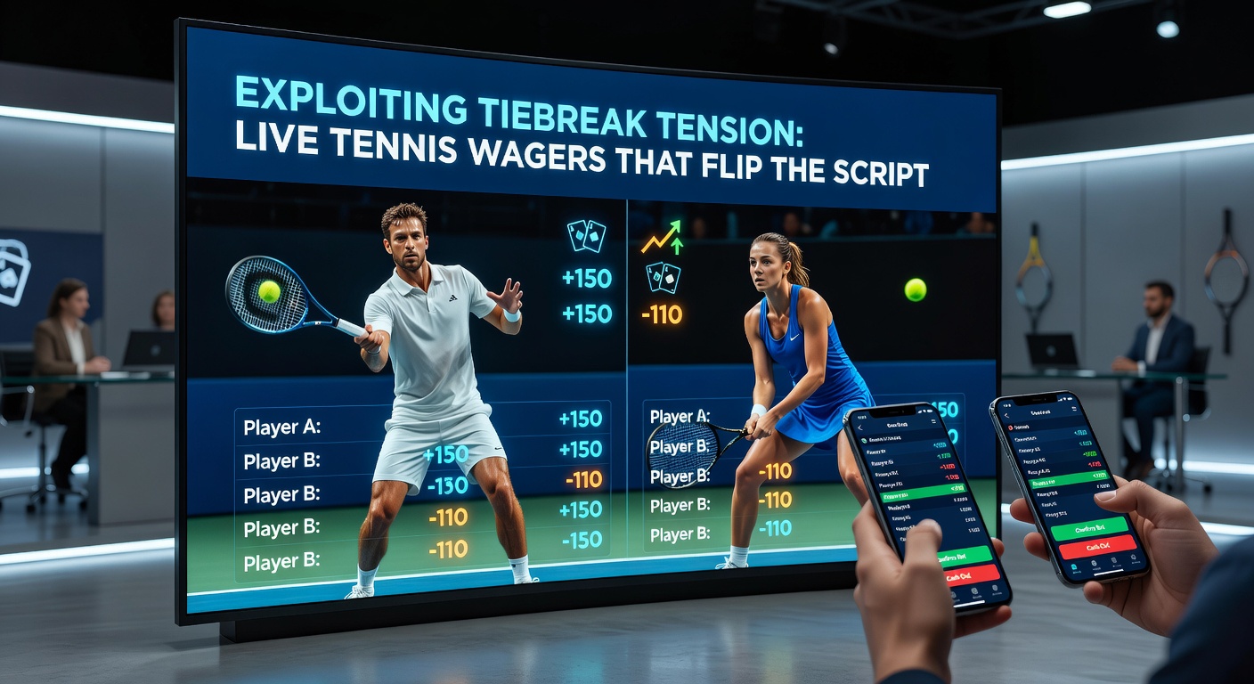 Dramatischer Tiebreak-Ausblick mit Schweißperlen auf der Stirn eines Spielers, Stadion im Hintergrund vibrierend vor Spannung